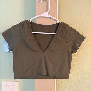 Garage Olive Ribbed V-Neck Crop Top